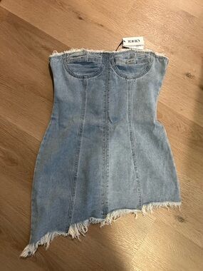 Cider Light Blue Denim Strapless Mini Dress